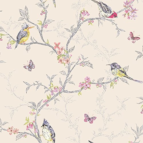 Holden Decor - Papier Peint Fantaisie Beige 98082 Phoebe Papillon Arbres WEn Fleurs Oiseaux