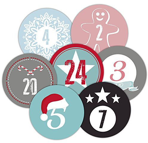 Frau WunderVoll 48 Adventskalenderzahlen Aufkleber, für 2 Kalender, bunt, Durchmesser 4cm