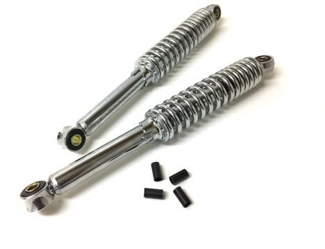 Simson S50 S51 S70 SR50 SR80 Chrom Stoßdämpfer Set, Verstellbare Federbeine 5-fach mit 8mm Reduzierhülsen – Hochwertige Chrom-Optik, 358mm Länge, Universal passend für Mopedmodelle