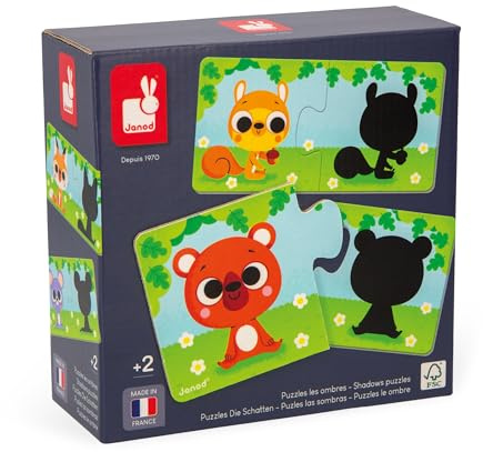 Janod - Tier- und Schattenpuzzle - 12 Puzzles mit 2 Teilen aus Karton - Bildungsspiel - Feinmotorik und Konzentration - FSC-zertifiziertes Produkt und pflanzliche