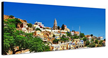 Augenblicke Wandbilder Keilrahmenbild Wandbild 150x50cm Griechenland Stadt Meer Boote Sommertag