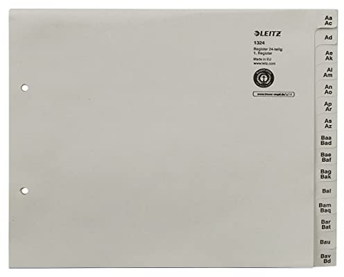 Leitz Register, Trennblätter mit Taben und alphabetischem Aufdruck A-Z für 24 Ordner, Halbe Höhe und Überbreite, Grau, 100% recyceltes Papier, Blauer Engel Siegel, 13240085