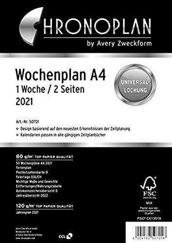 Chronoplan 50701 Kalendereinlage 2021, Wochenplan A4 in Spalten (210x297mm), Ersatzkalendarium, ideal für detaillierte Wochenplanung, 4er Lochung (1 Woche auf 2 Seiten), weiß