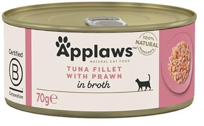 Applaws 100% natürliches Premium-Nassfutter für ausgewachsene Katzen - Thunfischfilet und Garnelen in Brühe - 24 x 70g Dosen
