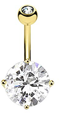 Paula & Fritz® Bauch-nabelpiercing ECHTGOLD 14 Karat Gelbgold Bananabell Bauch-Piercing RUNDER Zirkonia 12mm Clear GDN416