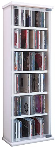 VCM CD/DVD Regal Weiß 31x18x92 cm 1 Glastür 6 Fächer Holzwerkstoff und Glas | Medienregal für CDs und DVDs - Wohnzimmer oder Büro - für Musik- und Filmliebhaber - Holzwerkstoff und Glas