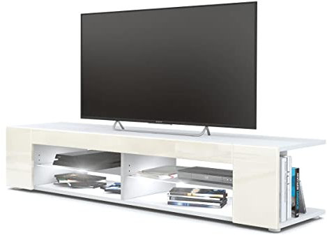 Vladon Buffet Bas Movie, Meuble TV avec 4 Compartiments Ouverts et placages décoratifs, Blanc Mat/Crème Haute Brillance, éclairage LED Blanc Inclus (134 x 29 x 39 cm)