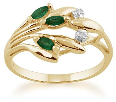 gelb 9 Karat Gold 0.17ct Ct Natürlicher Smaragd & Diamant Blume Ring