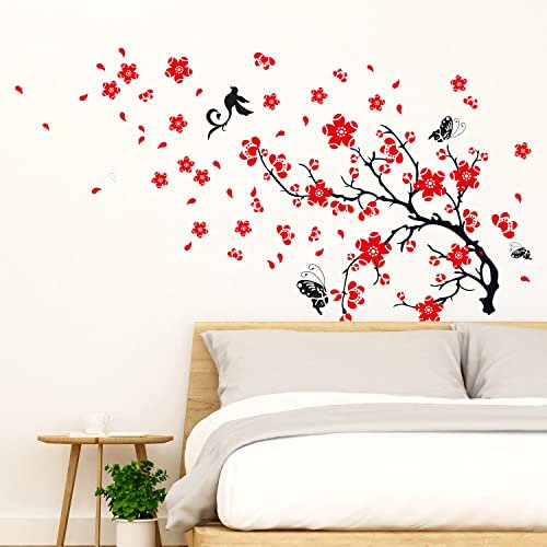 WALPLUS Stickers Muraux Decoration Murale Adhesif Mural Decoration Chambre Auto-Adhésif Blossom Flower Transparent RED Wall Stickers Mural Decal Self Adhesive Wallpaper 30x60cm