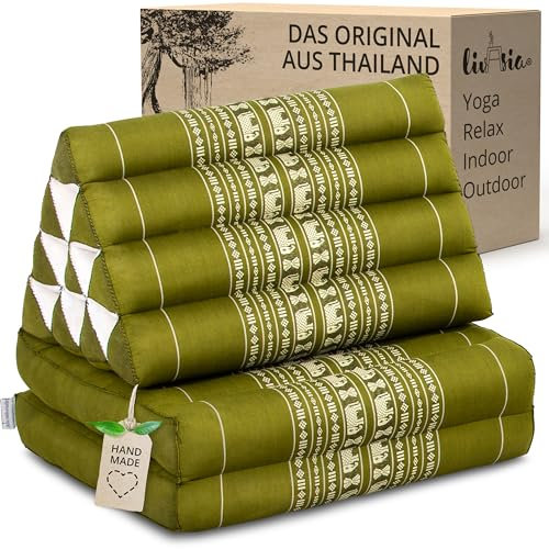 livasia Thaikissen mit 2 Auflagen - 120x50x8cm - Dreieckskissen mit Sitzkissen, Keilkissen mit Kapok, Rückenkissen faltbar, Thaimatte zum Klappen, handgefertigt, Meditationskissen (Grün/Elefanten)