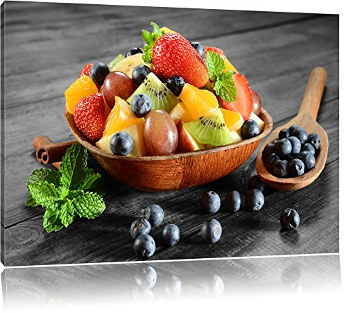 Pixxprint Obst in Holzschale, Größe: 100x70cm, Leinwandbild, fertig gespannt, Wandbild, Dekoration, Kunstdruck, kein Poster