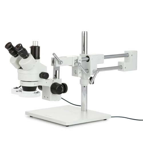 AmScope SM-4TX-FRL Professional Trinocular Stereo Zoom Microscope, WH10x Eyepieces, 3.5X-45X Magnification, 0.7X-4.5X Zoom Objective, 8W Fluorescent Ring Light, Double-Arm Boom Stand, 110V-120V, Includes 0.5X Barlow Lens