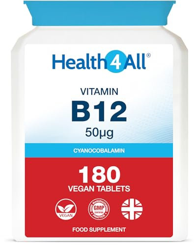 Health4All Vitamin B12 Cyanocobalamin 50mcg 180 Tablets 6 Months Supply, Vitamin B12 50mcg Supplement, Contributes to The Reduction of Tiredness and Fatigue, Vegan & Gluten-Free | Made in UK