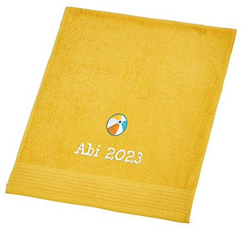 Wolimbo Duschhandtuch Bestickt mit Namen und Motiv - 70x140 cm - gelb - weiches Duschtuch personalisiert - Geschenk