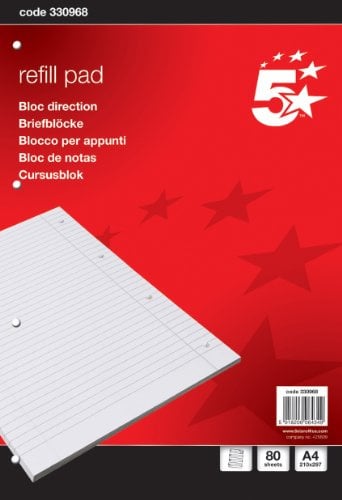 5 Star A4 Lined Paper Refill Pad (10 Pack),160 Page Note Pads Headbound Punched 4 Holes Feint Ruled Margin 60gsm White