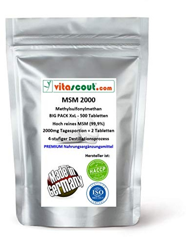 MSM - Methylsulfonylmethan - 500 Tabletten - 2000mg Tagesportion (=2 Tabletten) - 99,9% Reinheit - LABORGEPRÜFT - MADE IN GERMANY - hochdosiert