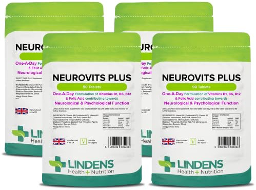 Lindens - Neurovits Plus Tablets - 360 Pack (90 Pack x 4) - UK Made - Contains Vitamin B1, B6, B12 & Folic Acid Contributes Towards Normal Psychological Function, Healthy Heart & Nervous System