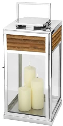 Fink GENUA Laterne Edelstahl, Teakholz silberfarben outdoorgeeignet Größe: Länge: 30cm, Breite: 30cm, Höhe: 60cm, 159503, 30 x 30 x 60 cm