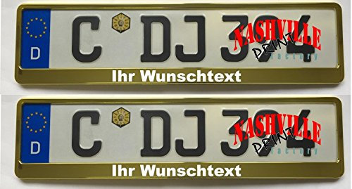 1 Paar Kennzeichenhalter metallic mit Wunschtext beschriftet Kennzeichenhalterung Bedruckt mit Wunschtext (gelb metallic)