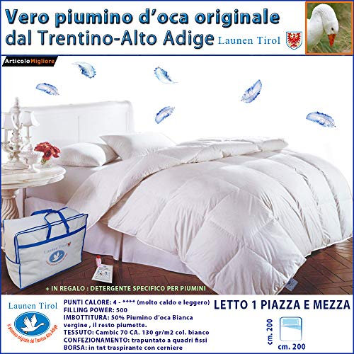 Piumone Una Piazza e Mezza Invernale 200x200 cm in Piuma D'oca, Originale Trentino Alto Adige, Piumino Una Piazza e Mezza Caldo 100% Vera Piuma D'Oca Naturale, Garanzia Marchio Daunex, LAUNEN TIROL