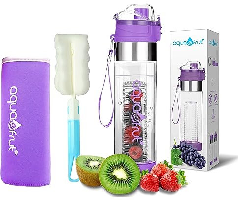 AquaFrut Wasserflasche mit Fruchteinsatz, inklusive Flaschenbürste, Isolierhülle und Rezept-eBook (evtl. nicht in deutscher Sprache), auslaufsicher, schweißfest, BPA-frei, Violett