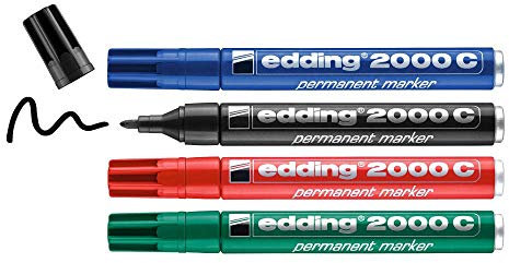 edding 2000 C Marqueur permanent - noir, rouge, bleu, vert - 4 stylos - pointe ronde 1,5-3 mm - sèche vite - résiste à l'eau et à l'essuyage - pour carton, plastique, bois, métal - marqueur universel