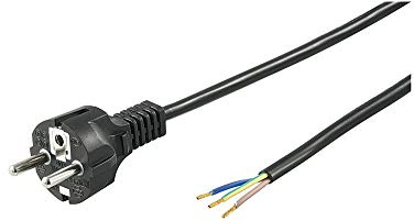 Stromkabel 2 m, Schutzkontaktstecker, offene Kabelenden, Netzkabel, Schwarz
