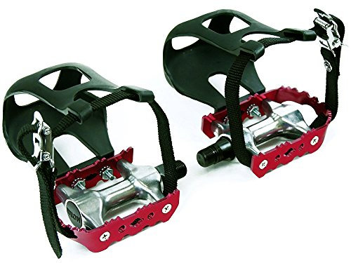 Fahrrad Pedale mit Pedalhaken Rot Eloxiert - 9/16 Zoll Gewinde Pedalkäfig für SingleSpeed Fixy Rennrad MTB Indoor Fahrräder/Hometrainer - Kunststoff Käfig mit Nylongurt Riemen