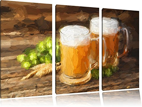 Pixxprint Bier im Glas auf Holztisch, Leinwandbild 3 Teilig, Gesamtmaß: 120x80cm, Wandbild, Dekoration, fertig gespannt, Kein Poster