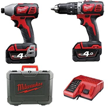 Milwaukee Set Bohrmaschine Schlagschrauber + 2 Akkus 18 V 4 Ah Li-Ion + Koffer M18 BPP2C-402C, 200 W