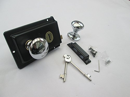 IRONMONGERY WORLD® Old Vintage Period Victorian Style Solid Brass Black Rim Lock Door KNOB Handles (Lock ONLY NO KNOBS Polished Chrome)
