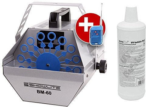 Showlite BM-60 Seifenblasenmaschine 60W mit Funk Fernbedienung und 1L Eurolite UV-Fluid blau (0,6l Tank, 2-3 Stunden Laufzeit bei vollem Tank, Party Effekt, Disco Bubbles)