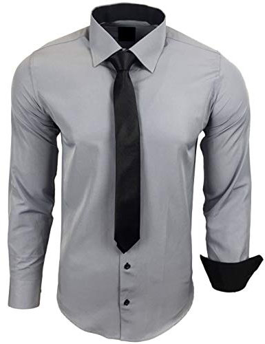 Baxboy 444-BK Herren Kontrast Hemd Business Hemden mit Krawatte Hochzeit Freizeit Fit, Farbe:Grau, Größe:XL
