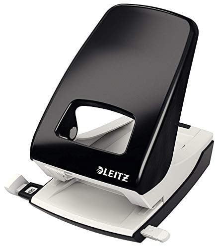 Leitz Starker Büro Locher aus Metall, Für 40 Blatt, Anschlagschiene mit Formatangaben, Ergonomisches Design, schwarz, 51380095
