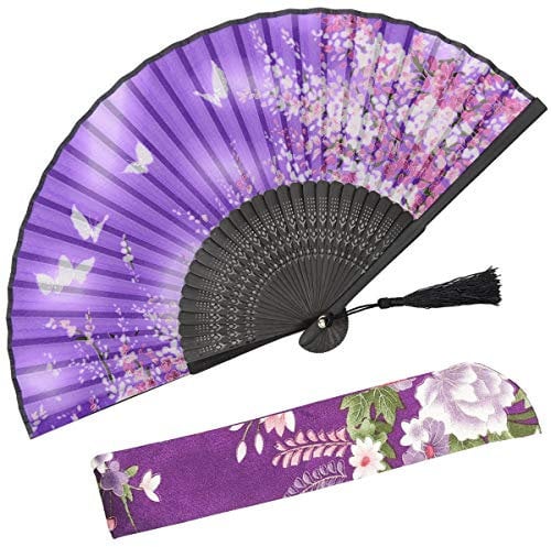 OMyTea Sakura Chinese/Japanese Women Hand Held Silk Folding Fans with Bamboo Frame - With a Fabric Sleeve for Protection (WZS-38)