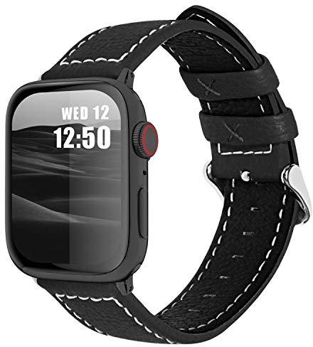 Fullmosa Lederarmband kompatibel mit Apple Watch Ultra2/Ultra 49mm Series 9 8 7 45mm Series 6 SE 5 4 44mm Series 3 2 1 42mm, Ersatzarmband für iwatch Damen Herren, Schwarz