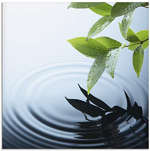 ARTland Wanddeko Glasbilder Wandbild Glas Bild einteilig Quadratisch Natur See Pflanzen Wasser Baum Blätter Wassertropfen T5VV