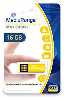 MediaRange USB-Stick USB 2.0 16GB, Büroklammer-Design, Gelb kompakt | Büroklammer-Design | Plug & Play | für Windows, macOS & Linux