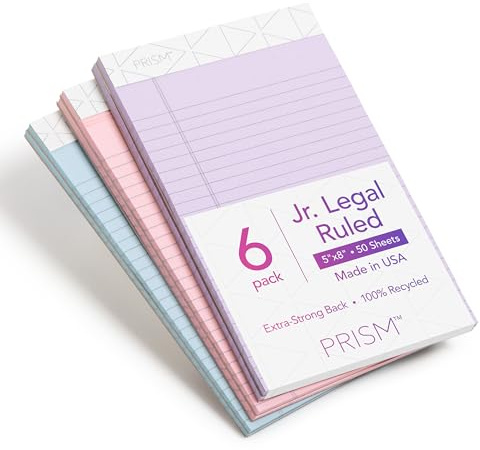 TOPS 5 x 8 Legal Pads, 6 Pack, Prism Brand, 2 Pink/2 Blue/2 Purple, Narrow Ruled, 50 Sheets Per Writing Pad, Made in USA (63016)