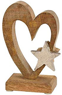 TEMPELWELT® Deko Figur Herz 15 cm, Mango Holz massiv Natur mit Stern Aluminium Silber, Dekoherz Herzaufsteller für Frühling Sommer Winter Hochzeitsdeko