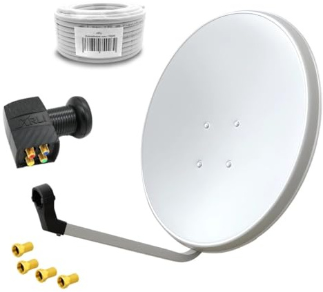 60cm HD Sat Anlage Quad LNB + 10m Koaxialkabel 135dB + 4 F-Stecker Digital 4 Teilnehmer Antenne Weiss UHD 4K