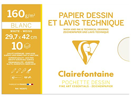Clairefontaine 96287C Mappe Zeichenpapier (ideal für technische Zeichnungen, DIN A3, 29,7 x 42 cm, 10 Bögen, 160 g) weiß