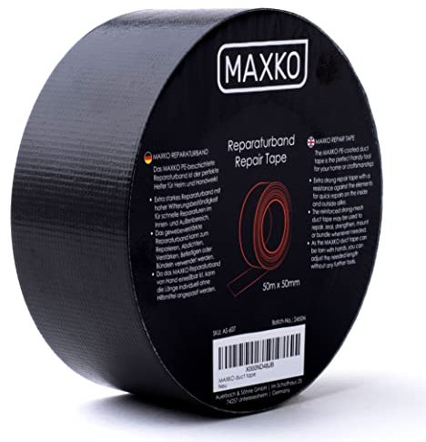 MAXKO - Cinta Americana Universal 50mm x 50 m - Cinta Adhesiva de Color Negro - Cinta Fuerte de Tela Reforzada con Tejido - Para Interiores y Exteriores