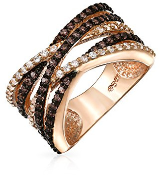 Bling Jewelry Crossover-Erklärung Criss Cross zweifarbiger brauner Kaffee-Pavé AAA CZ Statement-Bandring für Frauen, roségoldplattiertes Messing