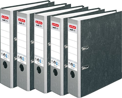 HERLITZ Ordner maX.file nature A4 Wolkenmarmorbezug selbstklebendes Rückenschild | 5er Sparpack in diversen Farben zur Auswahl (8cm breit | 5er Pack, grau)