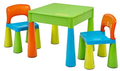 Liberty House Toys Plastic Multi-Coloured Children's 5-in-1 Activity Table and Chairs Set for Construction, Writing, Storage & Sand and Water Play, Ideal Size, H465 x W510 x D530mm