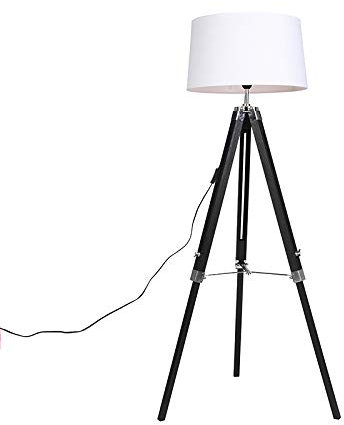 Qazqa - Industrie I Vintage I Stehlampe schwarz mit weißem Leinenschirm 45 cm - Tripod I Dreifuß Lampe I Dreifuss I Wohnzimmer I Schlafzimmer - Holz Länglich - LED geeignet E27