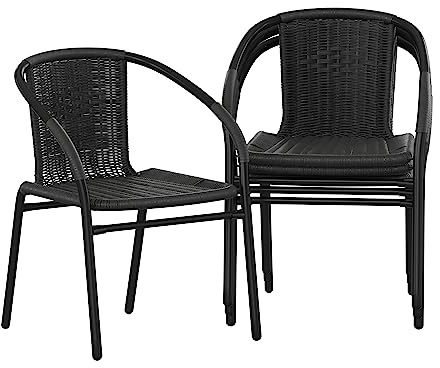 Flash Furniture Lila Modern Rattan Indoor/Outdoor Stackable Dining Chairs, Stacking Rattan Bistro Chairs for Patio or Restaurant, Set of 4, Black