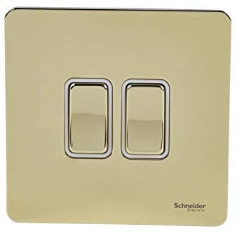 Schneider Electric Ultimate Screwless Flat Plate - Double Rocker 2 Way Light Switch, Single Pole, 16AX, GU1422WPB, Polished Brass with White Insert