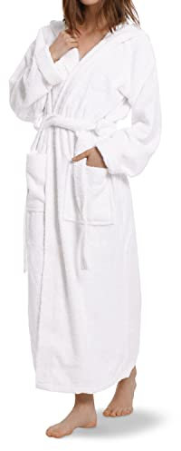 OAHOO Damen und Herren Frottee Bademantel mit Kapuze (1 Stück) Extra-langer Schnitt - Weiß L